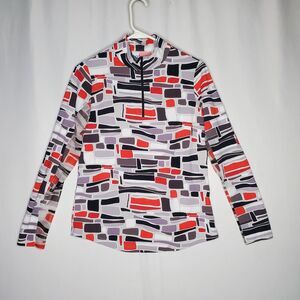 Ibkul Long Sleeve Top Women Small Red Print Sheer Mesh Tie Ruched Collar UPF50